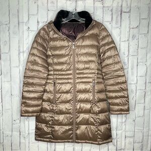 Andrew Marc Women Packable Lightweight Premium Down Coat Sz S Gold Metallic Hood